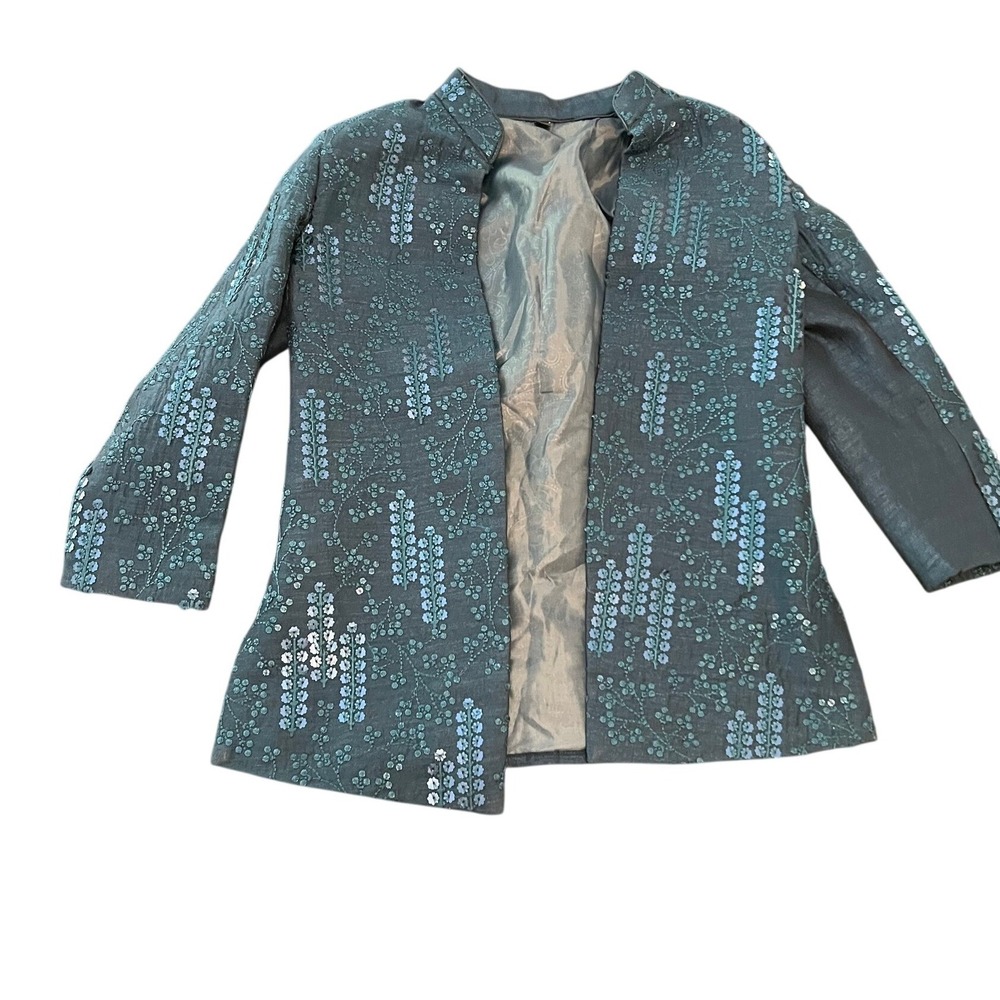 Teal Blue Sequin Floral Embroidered Open Front Mandarin Collar‎ Jacket Size 4
